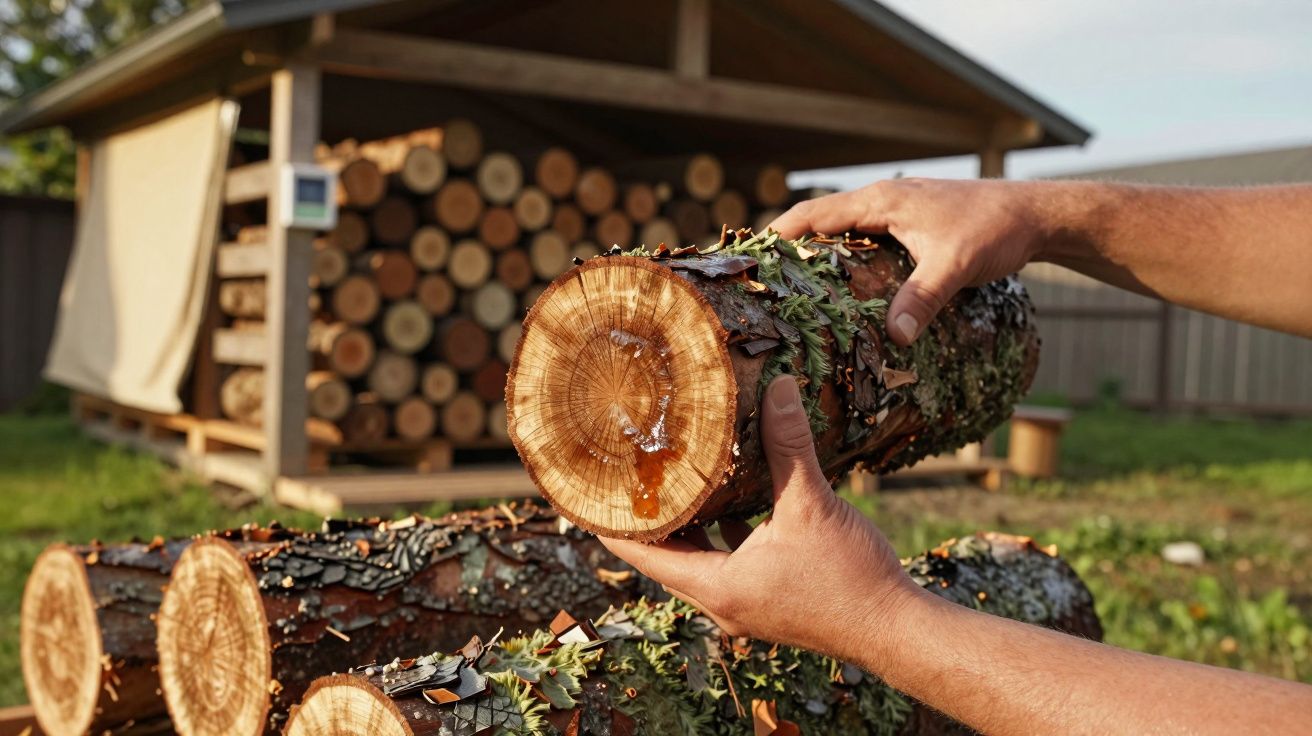 Manos sosteniendo un tronco de madera con corteza y líquenes, fondo con cobertizo de troncos apilados.