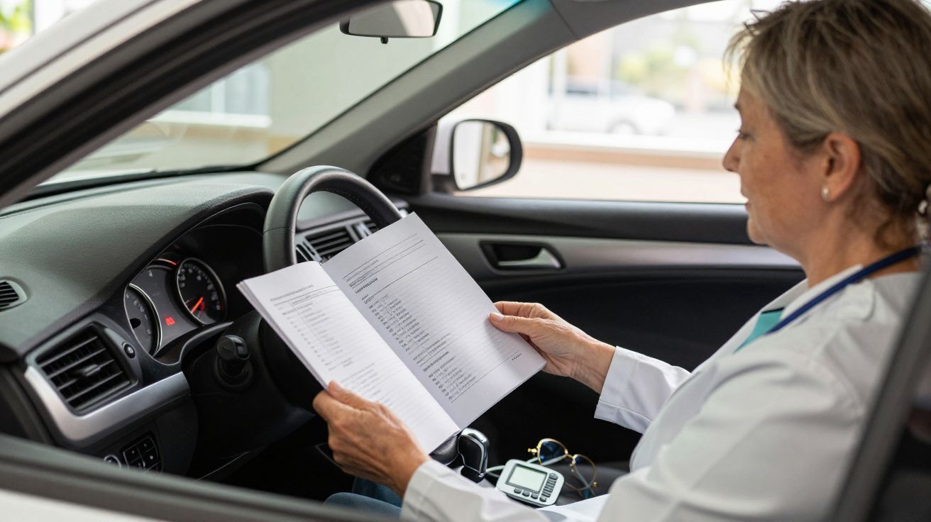 Mujer mayor sentada en el coche, lee un manual mientras está estacionada.