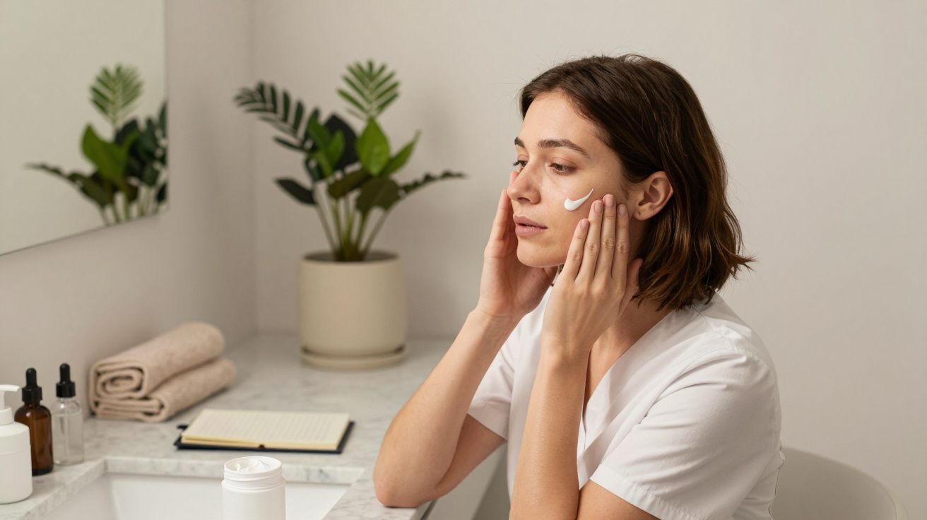 Mujer aplicándose crema facial frente a un espejo en un baño con plantas y productos de belleza sobre el tocador.