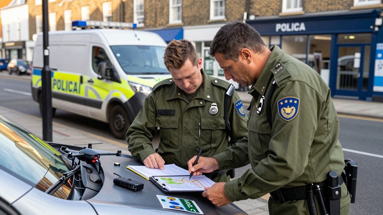Dos agentes de policía revisan documentos sobre el capó de un coche patrulla, con una furgoneta policial al fondo.