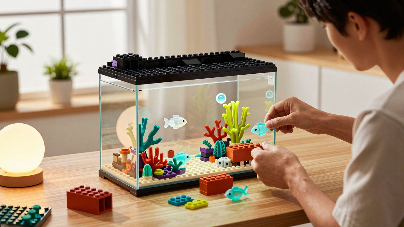 Persona montando un acuario de bloques de construcción en una mesa de madera con decoración de casa en el fondo.