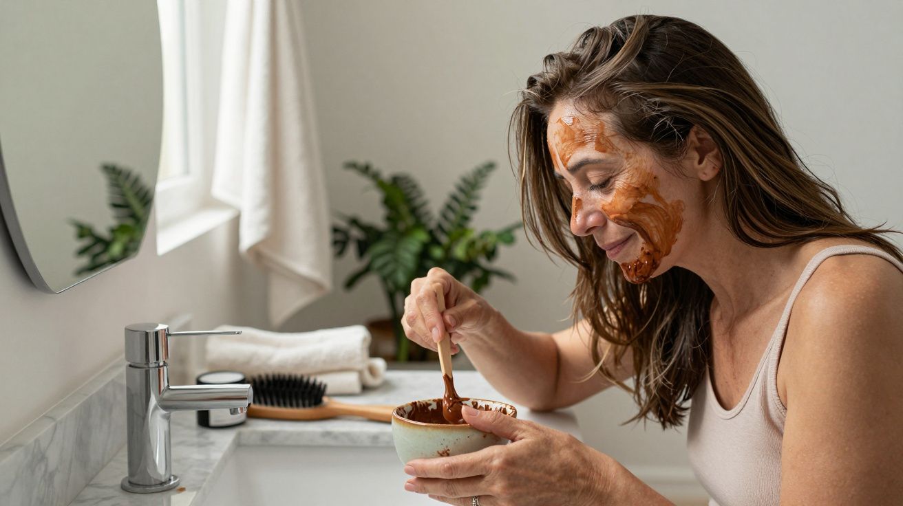 Mujer aplicando una mascarilla facial de barro en el baño, sonriendo mientras mezcla el producto en un cuenco.