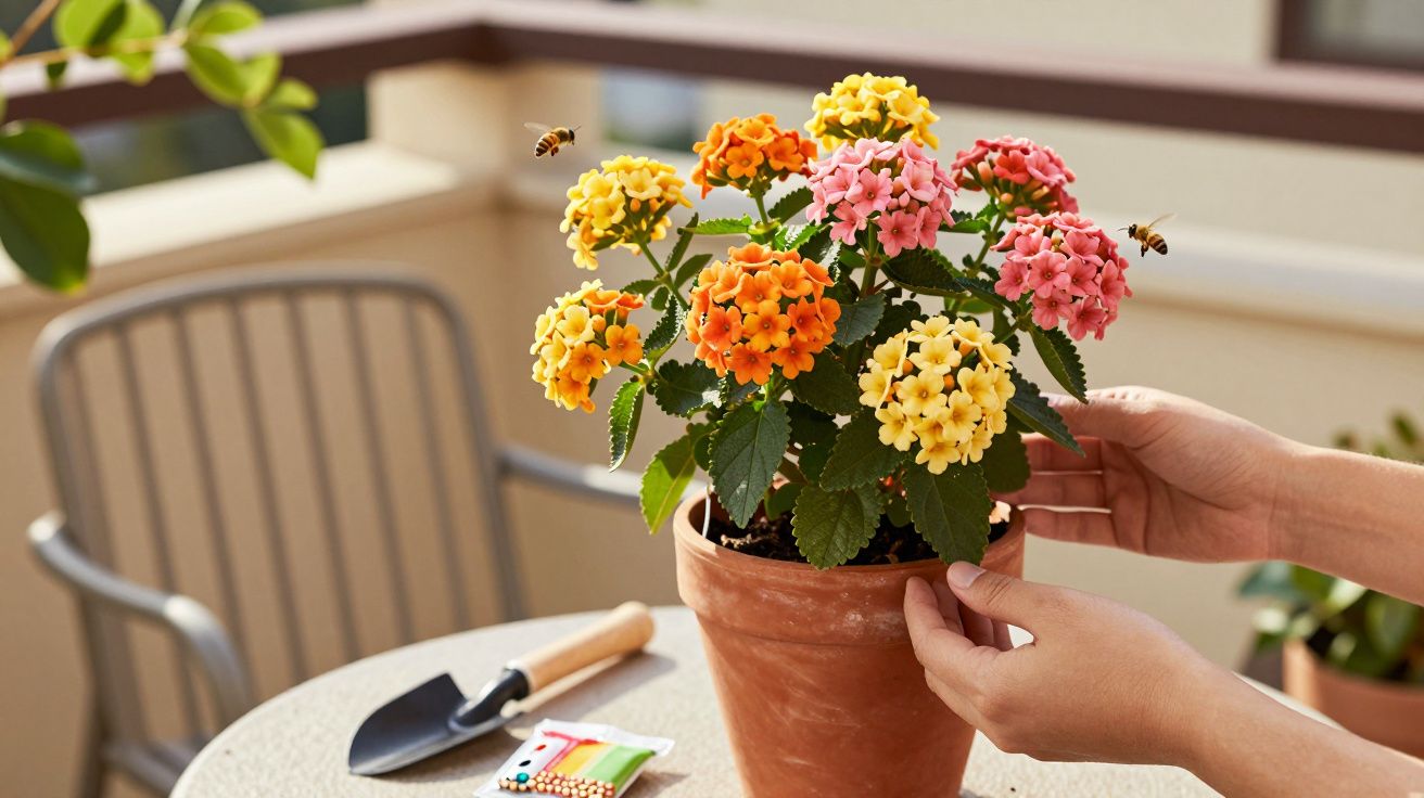 Manos cuidando planta en maceta con flores rosadas y naranjas en una mesa de terraza, abejas alrededor.