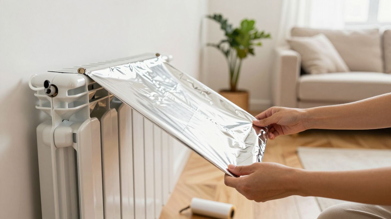 Persona colocando papel de aluminio detrás de un radiador en una sala de estar bien iluminada.