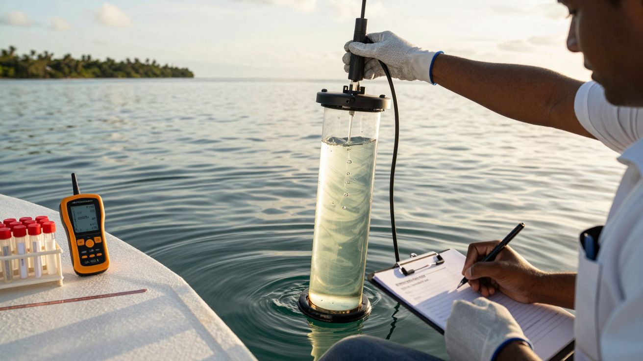Persona toma muestras de agua en un lago desde un bote, con tubos de ensayo y un dispositivo de medición.