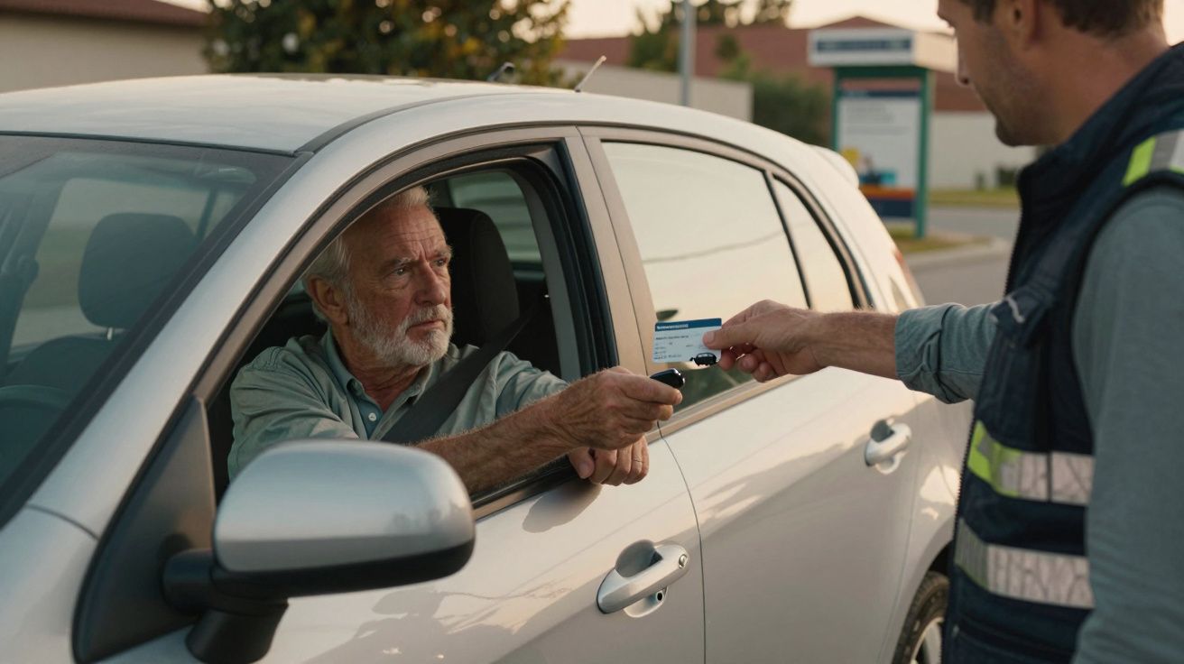 Hombre mayor en coche entrega documento a persona afuera.