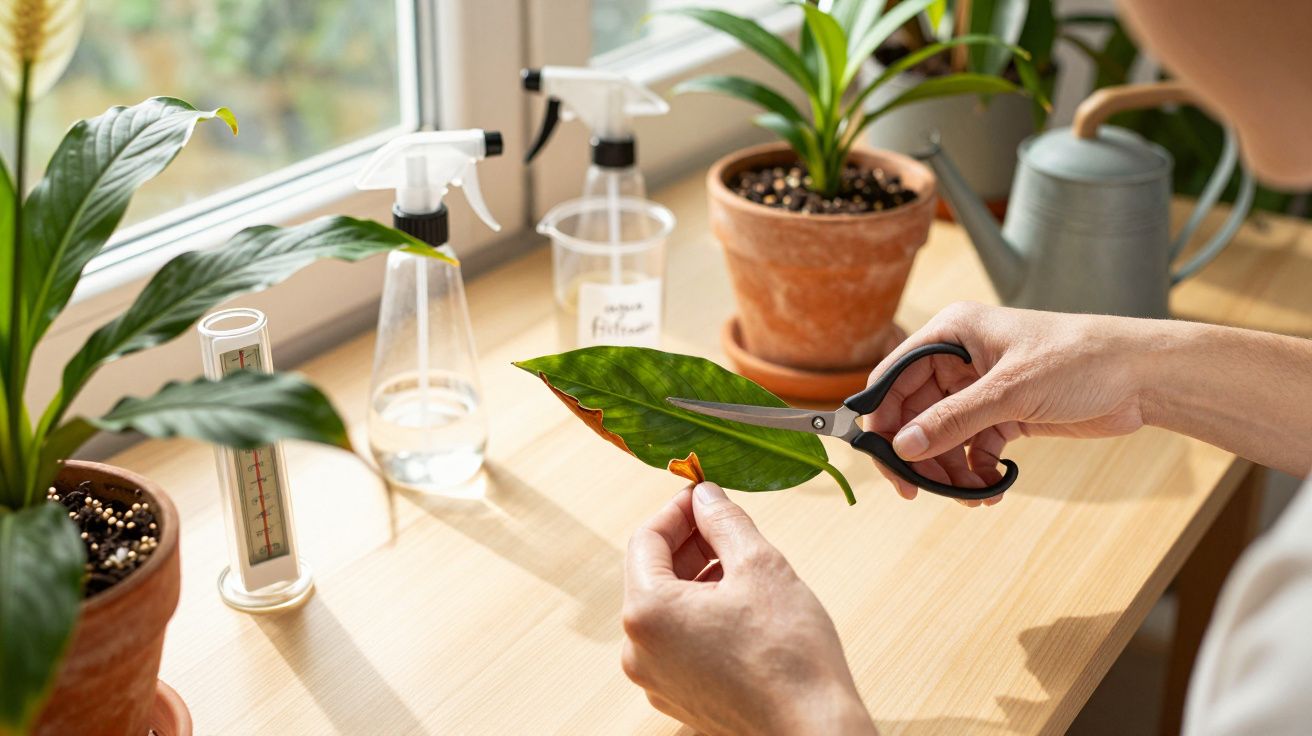Manos cortan hoja de planta con tijeras en mesa junto a macetas y pulverizadores.