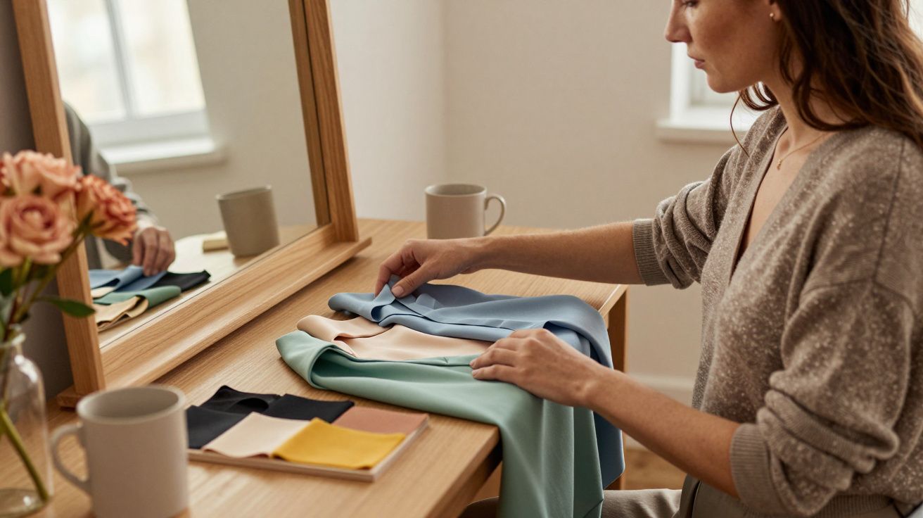 Mujer eligiendo entre telas de colores en una mesa con espejo y flores a su lado.
