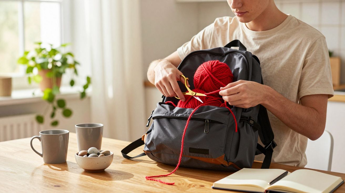Persona cortando hilo rojo de un ovillo dentro de una mochila en una mesa con tazas, cuaderno y plantas.