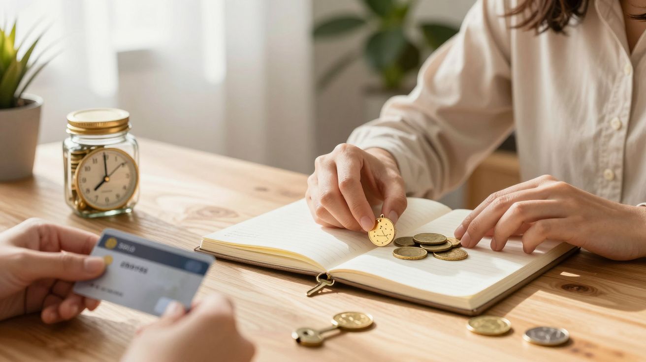 Manos contando monedas en un cuaderno sobre una mesa de madera, con una tarjeta de crédito y un frasco en el fondo.