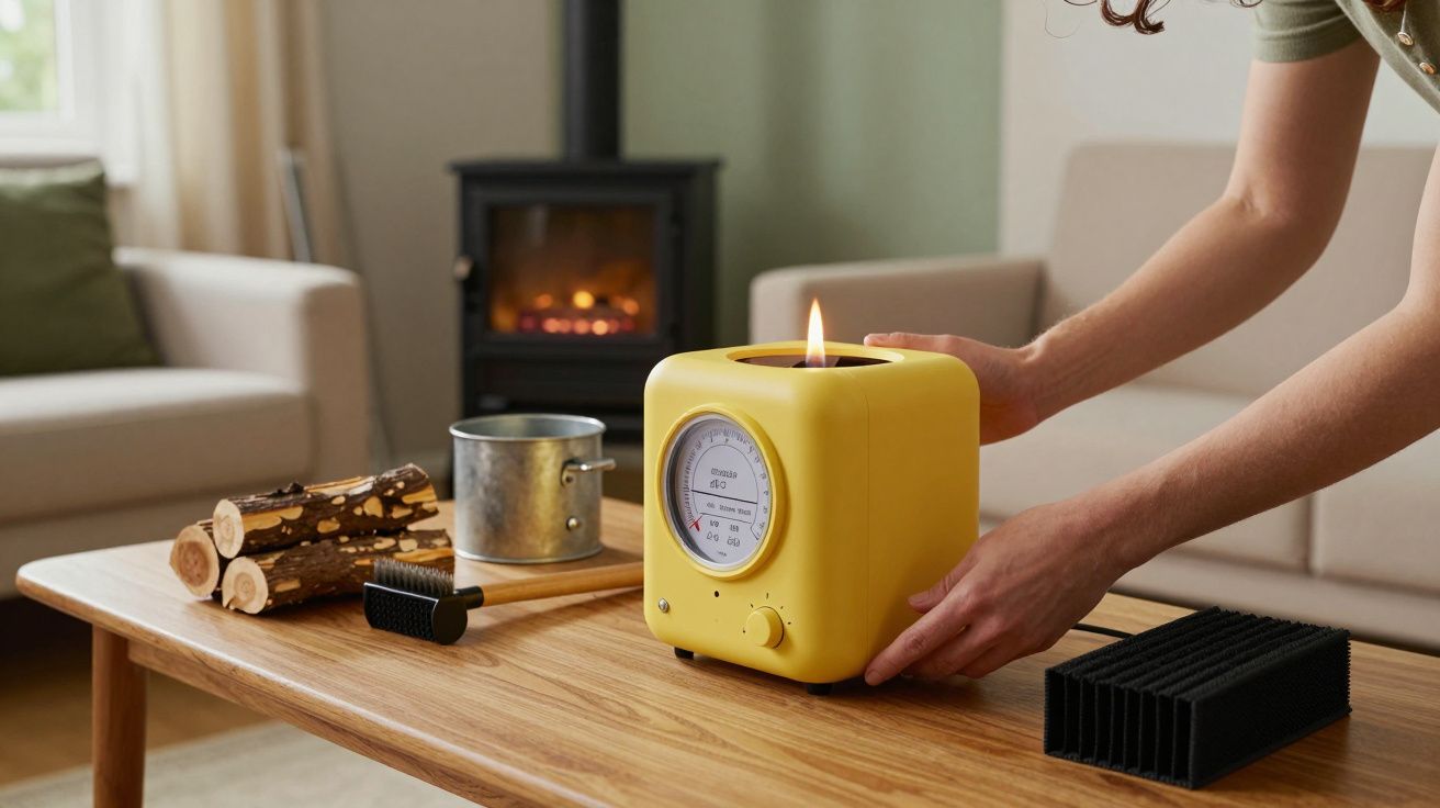 Persona encendiendo un calefactor amarillo sobre una mesa de madera. En el fondo, una estufa de leña encendida.