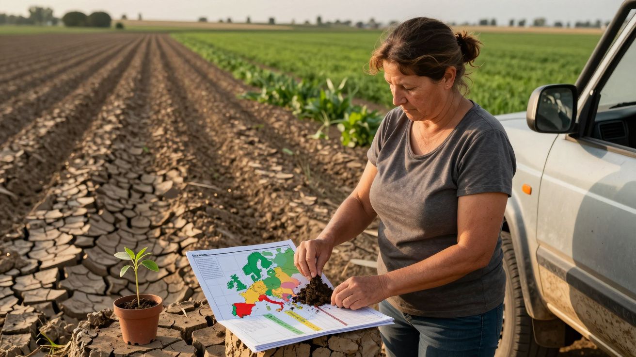Mujer examinando suelo cerca de campo seco, mapa de Europa y maceta con plántula en coche blanco.