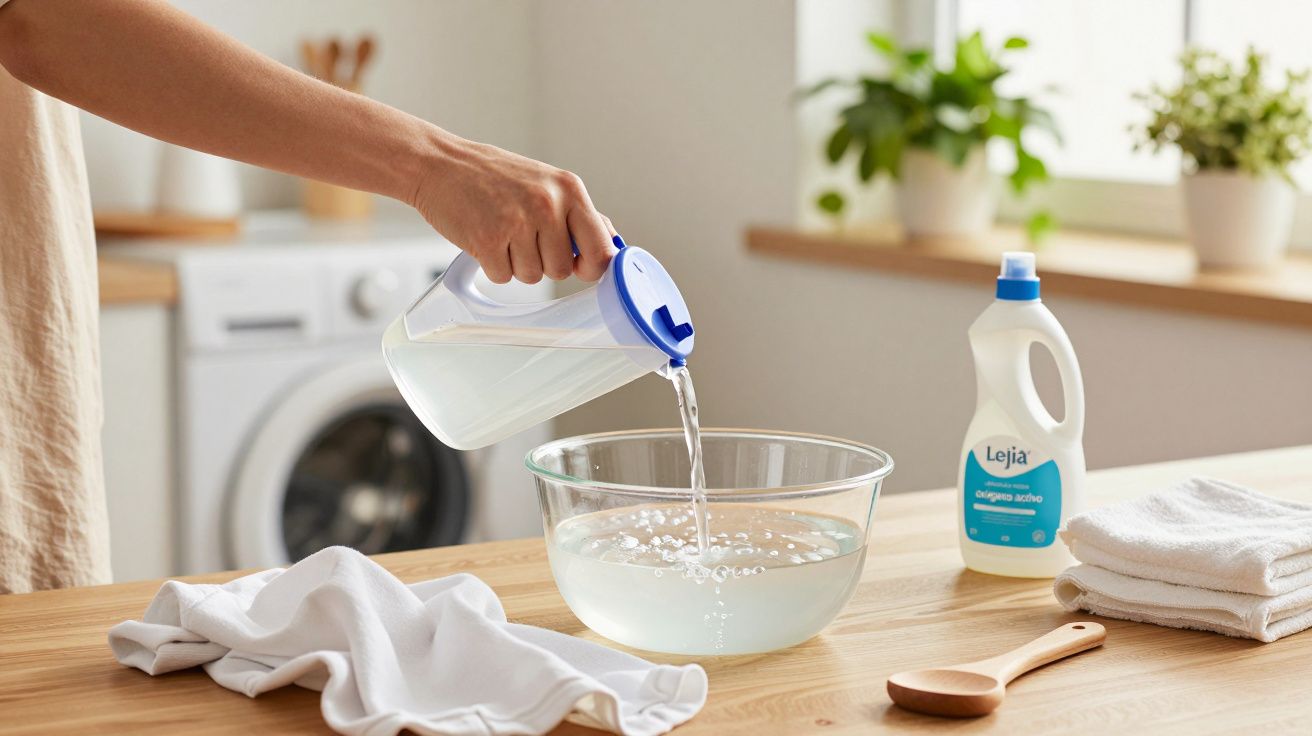 Persona vertiendo líquido en un cuenco en una cocina, junto a una botella de lejía y paños blancos.