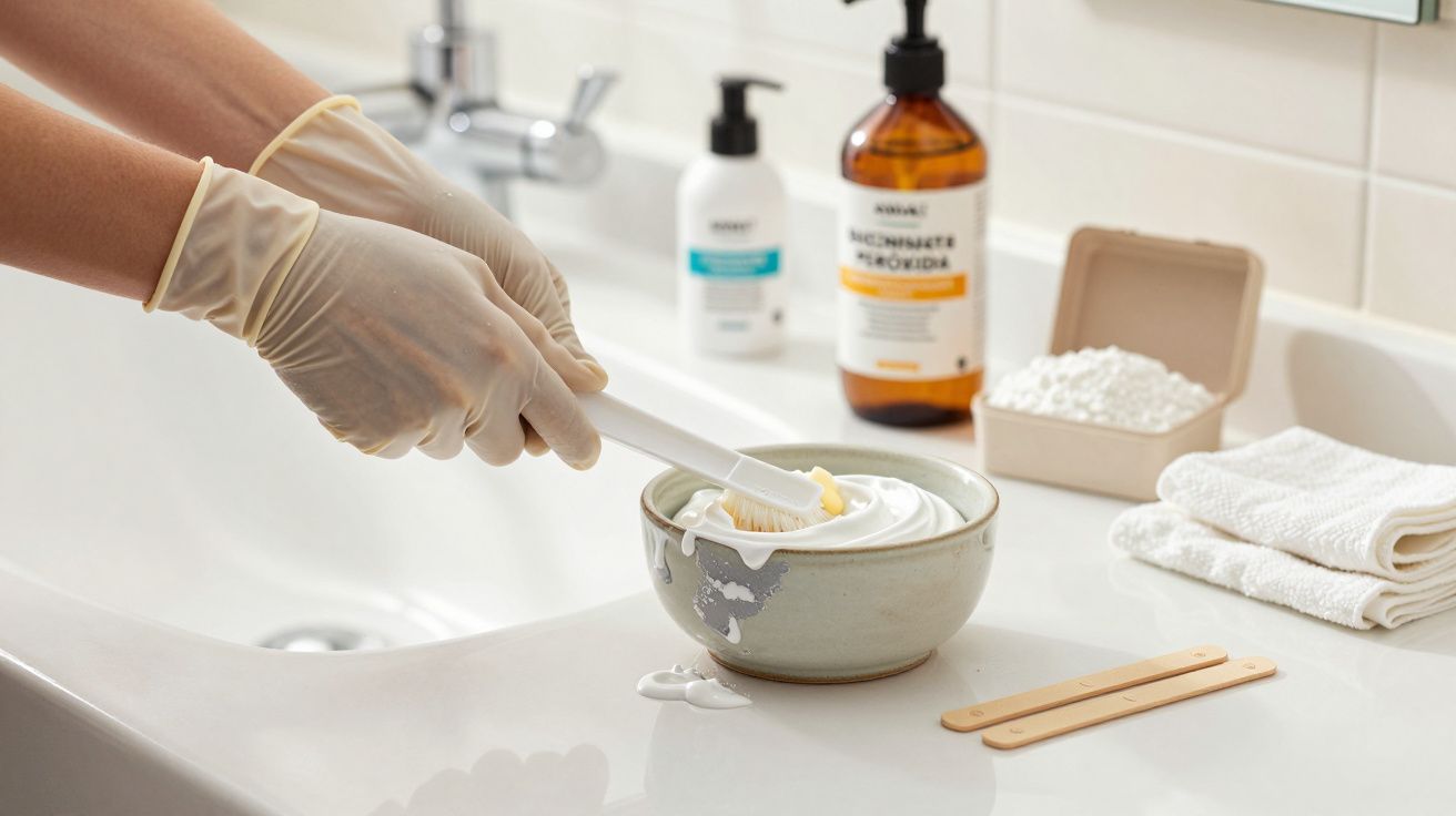 Manos con guantes mezclan sustancia blanca en un bol sobre lavabo; productos de cuidado personal alrededor.