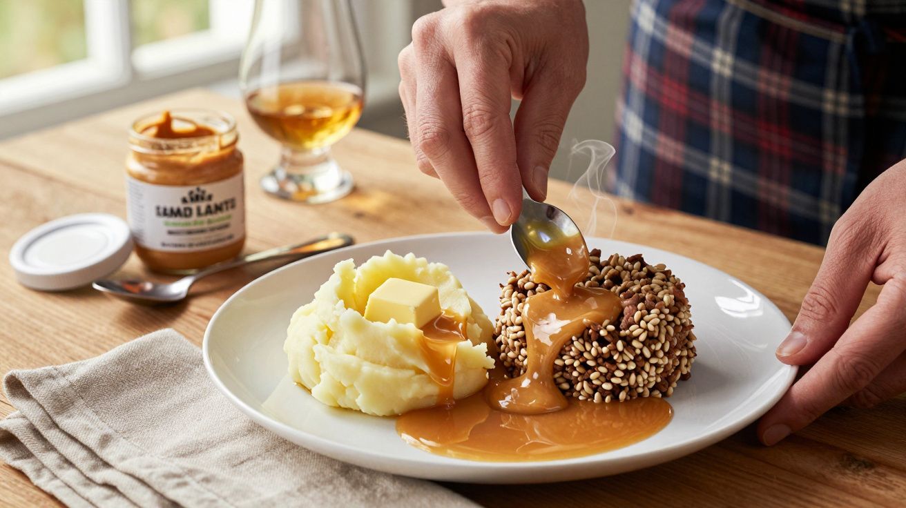 Mano vertiendo salsa de caramelo sobre postre con semillas junto a puré de patatas con mantequilla en un plato blanco.