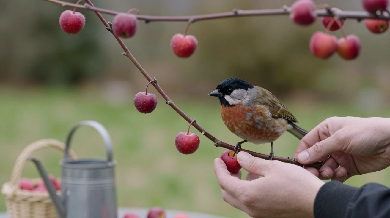 Persona sosteniendo una rama con un pájaro posado, rodeado de pequeñas manzanas rojas. Fondo borroso de jardín.