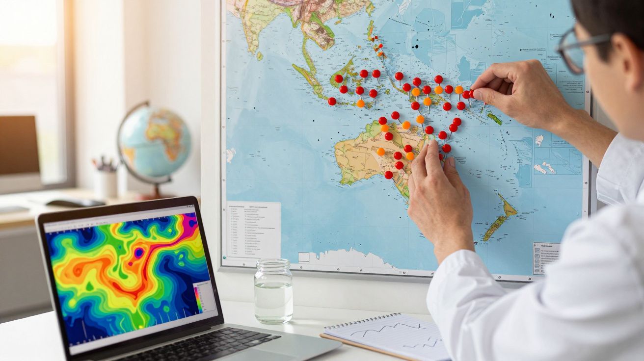 Investigador coloca chinchetas en un mapa, con un portátil mostrando datos meteorológicos en un escritorio cercano.