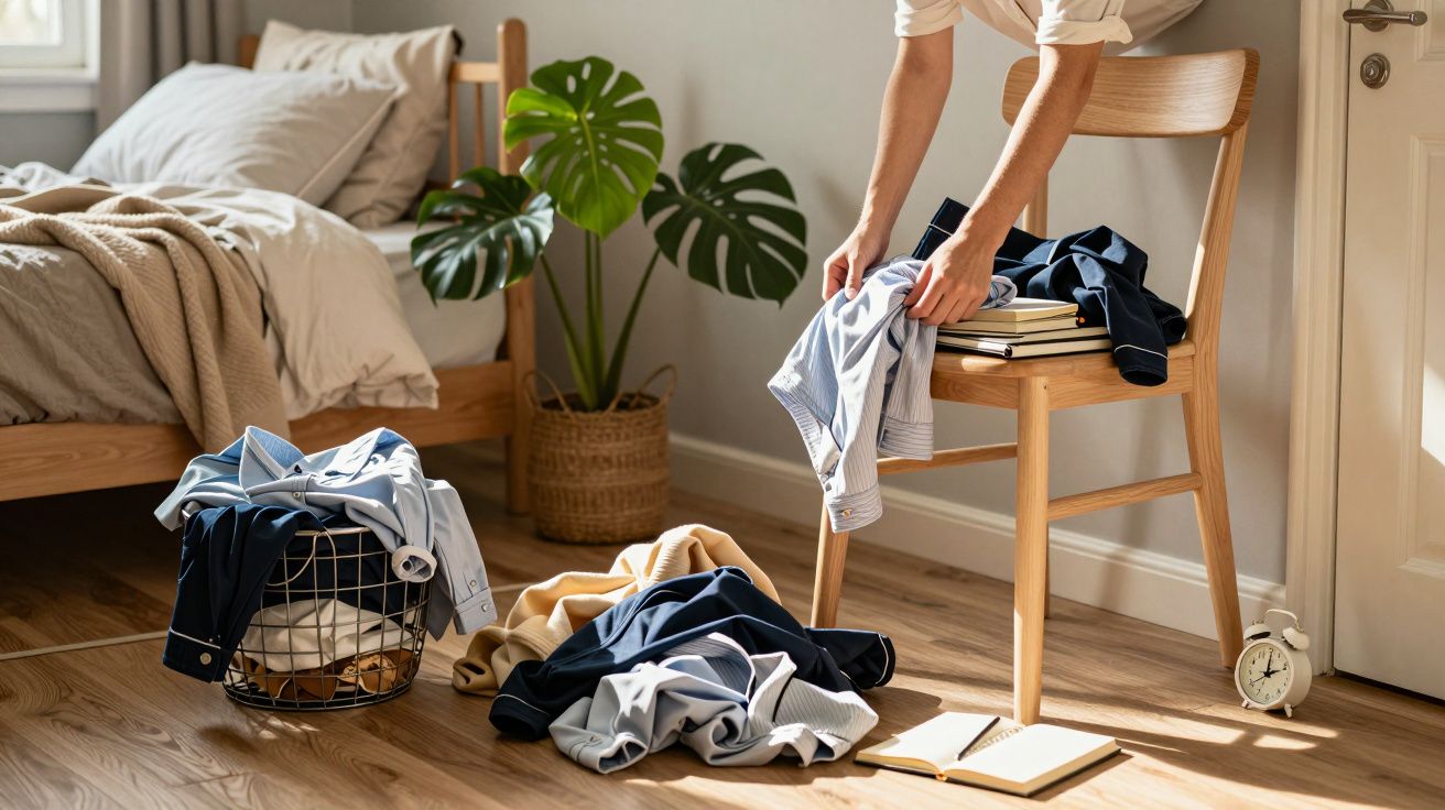 Hombre organizando ropa en silla, con cesto y ropa en el suelo, en una habitación luminosa y ordenada.