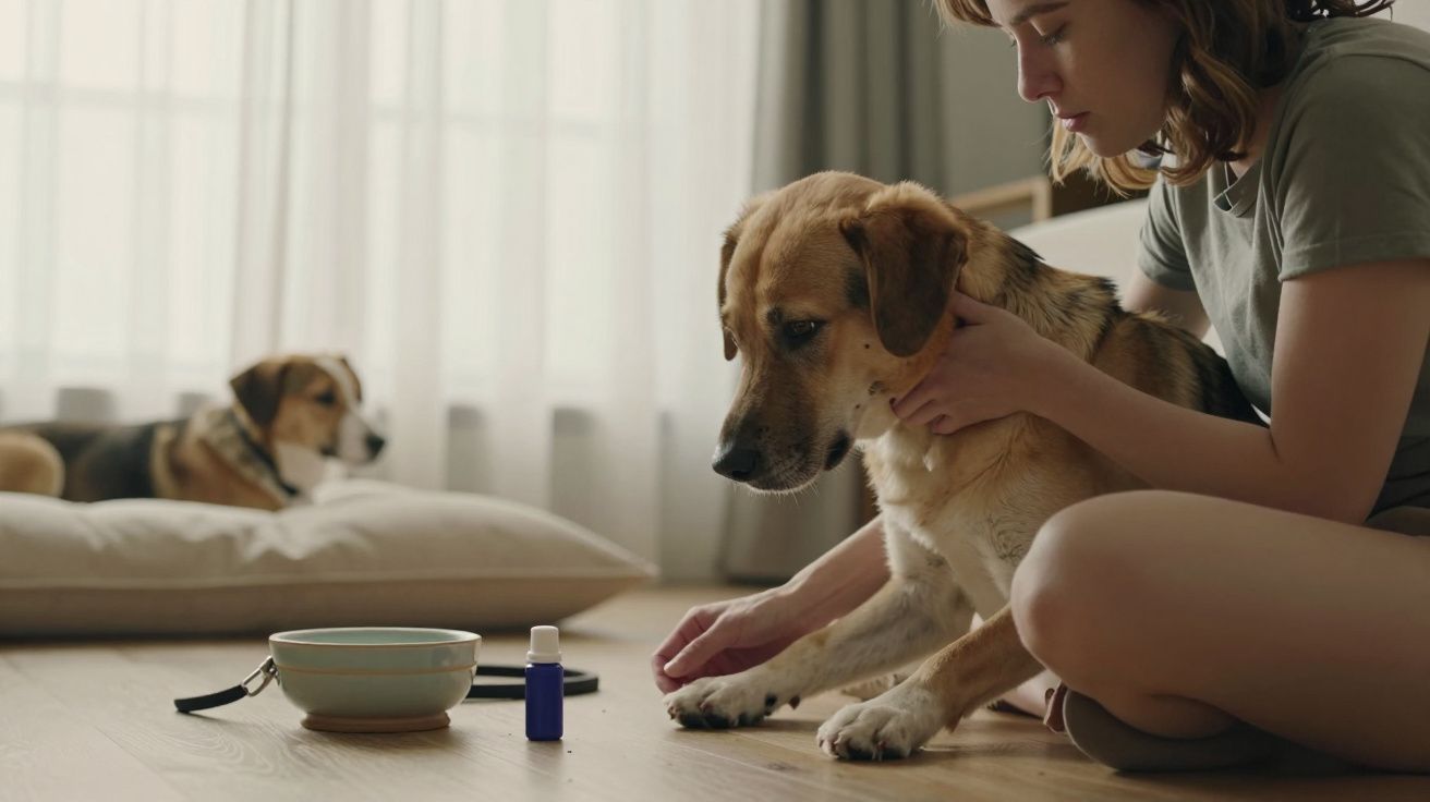 Mujer acariciando a un perro sentado en el suelo, junto a un cuenco y una botella pequeña. Otro perro descansa al fondo.