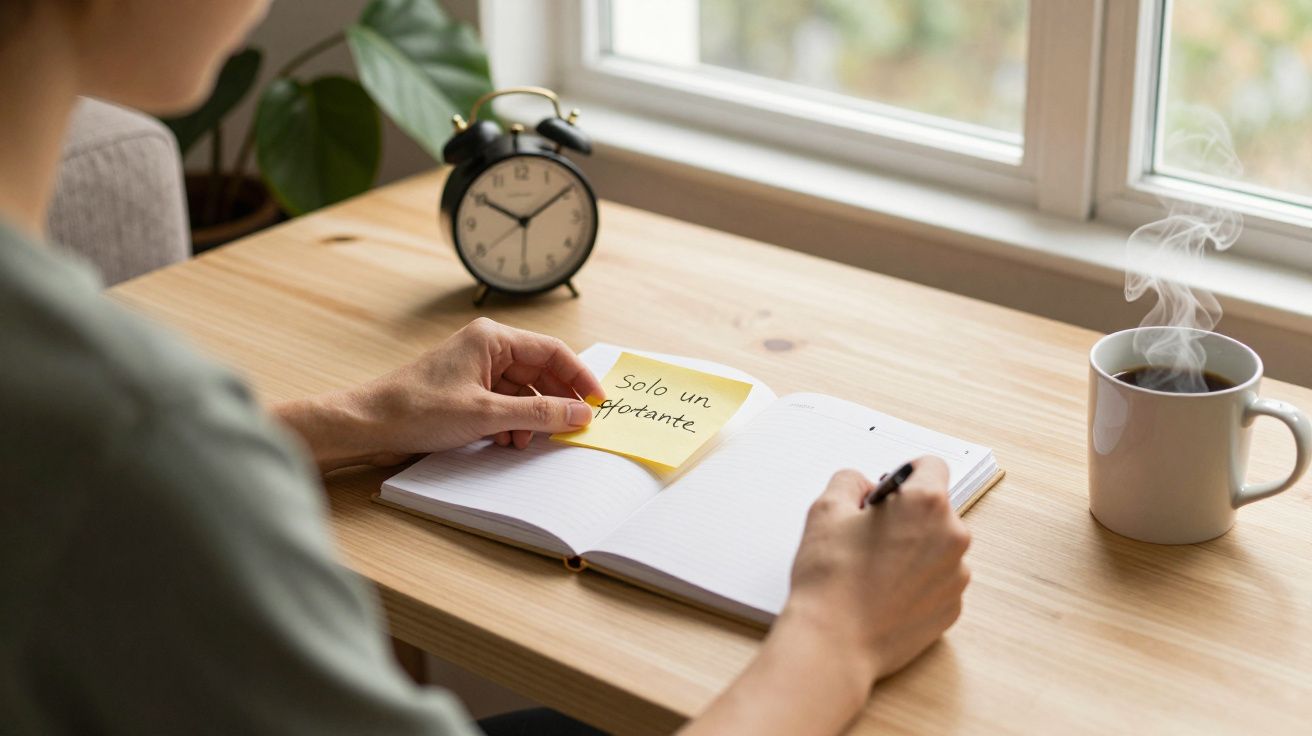 Persona escribiendo en un cuaderno con nota "Solo un recordante", al lado de una taza de café y un reloj analógico.