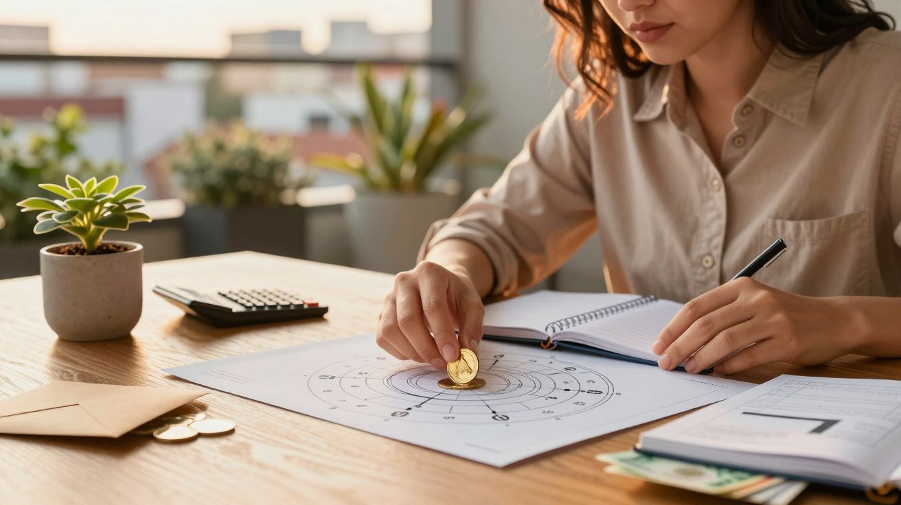 Mujer coloca moneda en tabla astrológica sobre escritorio con plantas, calculadora y cuaderno en oficina luminosa.