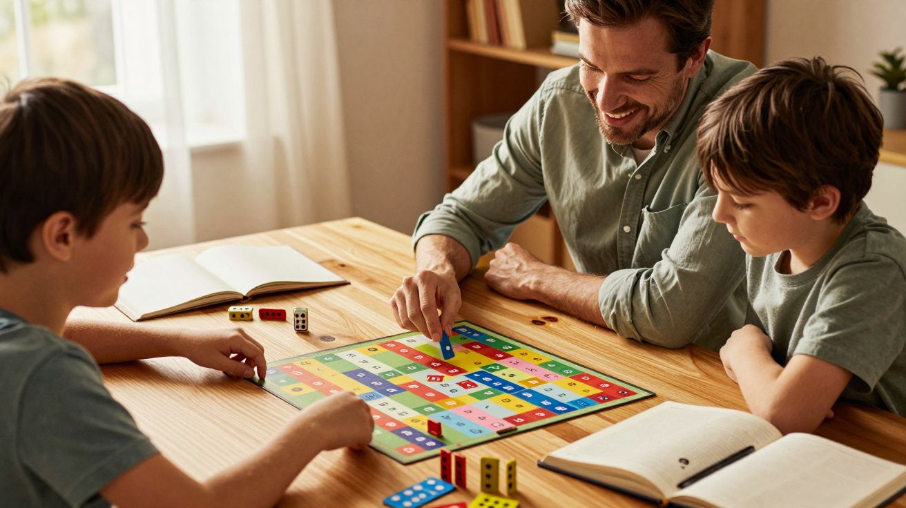 Padre e hijos juegan un juego de mesa de matemáticas en una mesa de madera, rodeados de dados y libros.