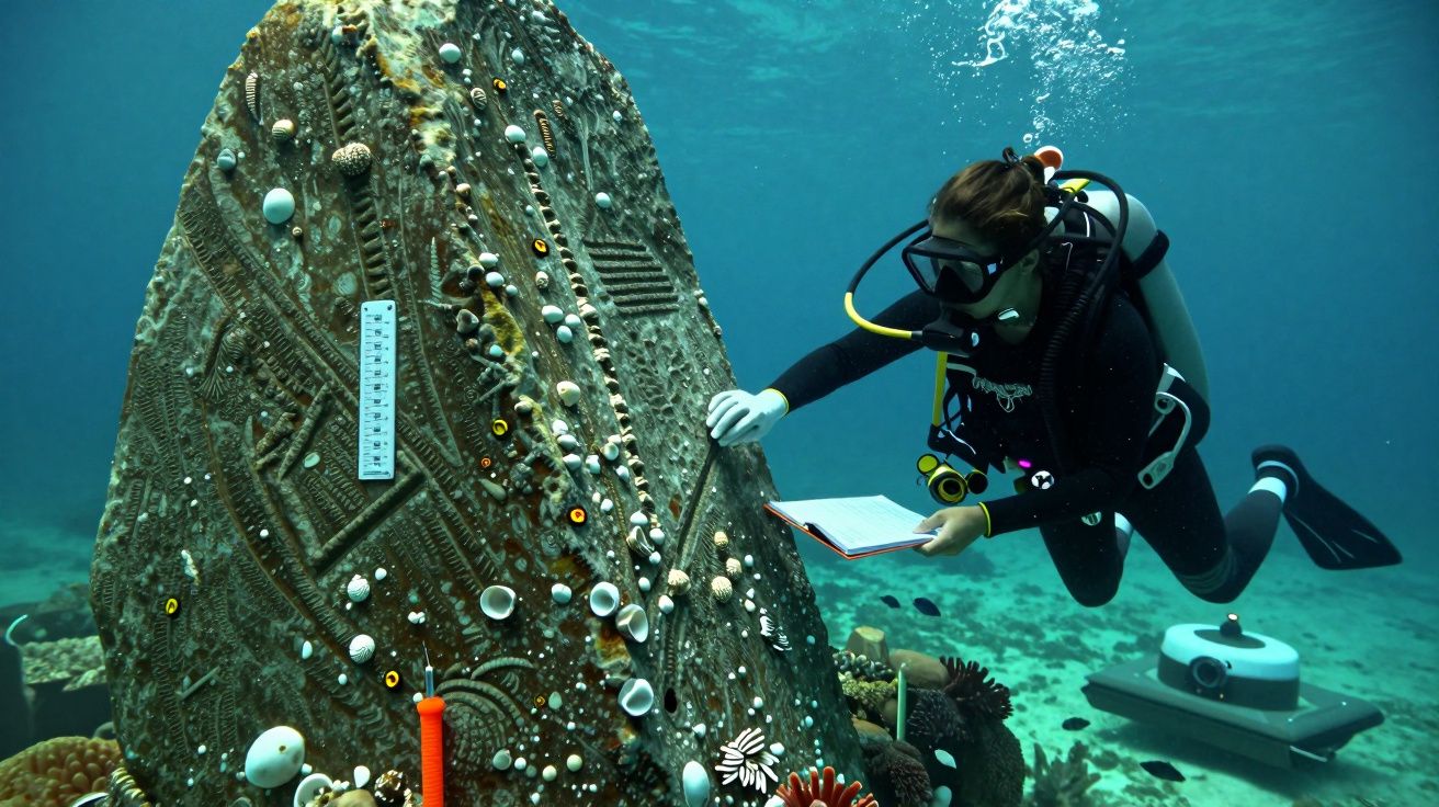 Buceador observando estructura subacuática decorada, sosteniendo libreta y rodeado de vida marina.