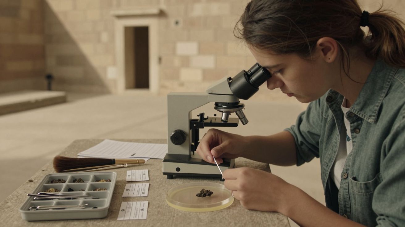 Mujer usando un microscopio en un laboratorio, examina muestras de tierra sobre una mesa de piedra con herramientas de invest