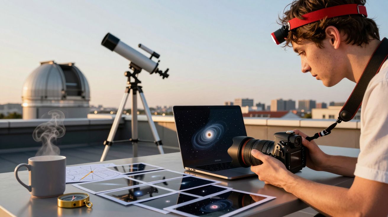 Joven tomando fotos astronómicas en una azotea con cámara, telescopio y portátil. Ambientado en ciudad al atardecer.