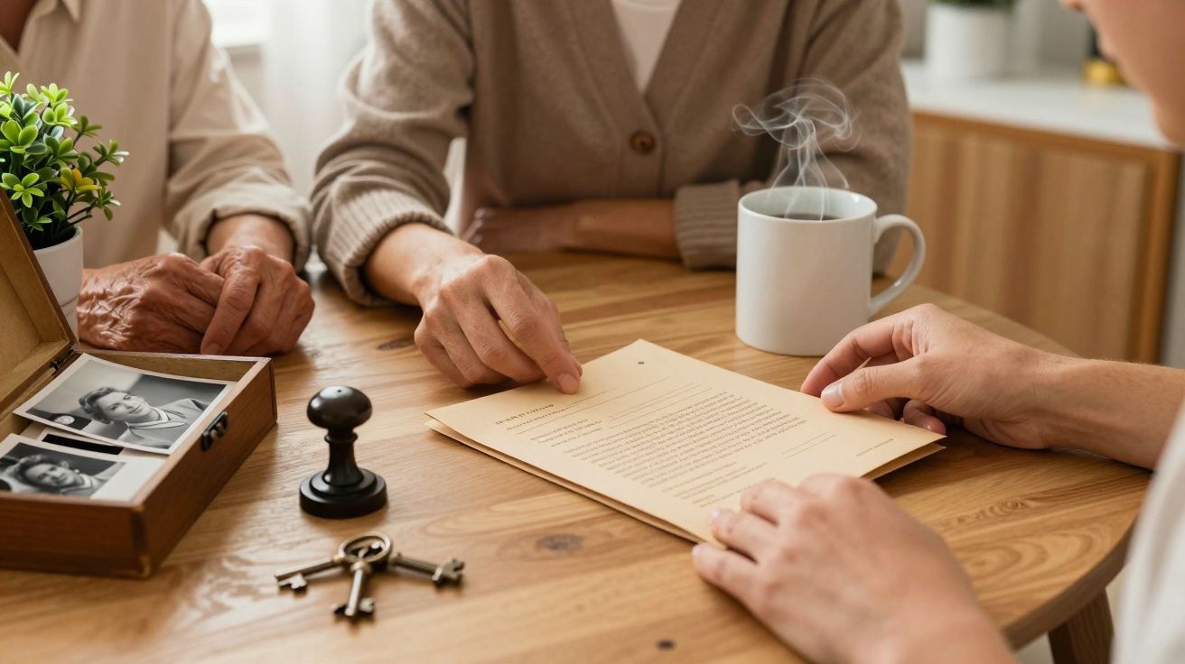 Manos revisando documento en mesa con sello, llaves, caja de fotos y taza humeante.